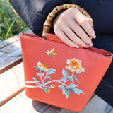 Design Style Bamboo-Handled Embroidered Handbag